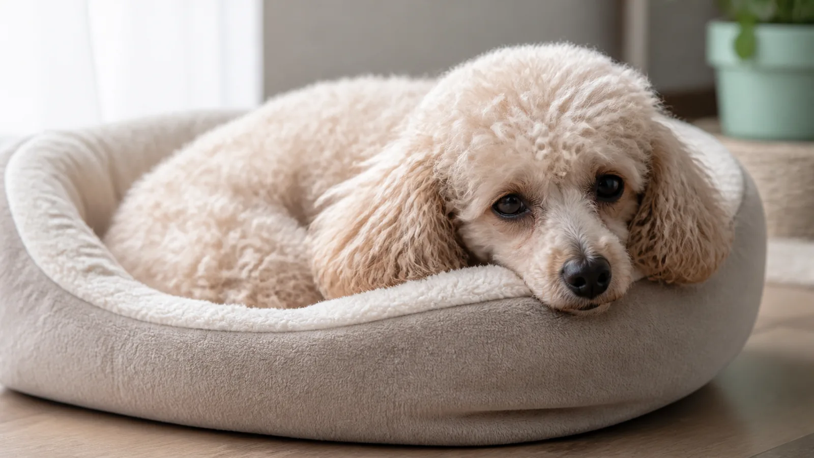 Miniature Poodle sitting indoors, resting quietly with a calm, subtle expression.