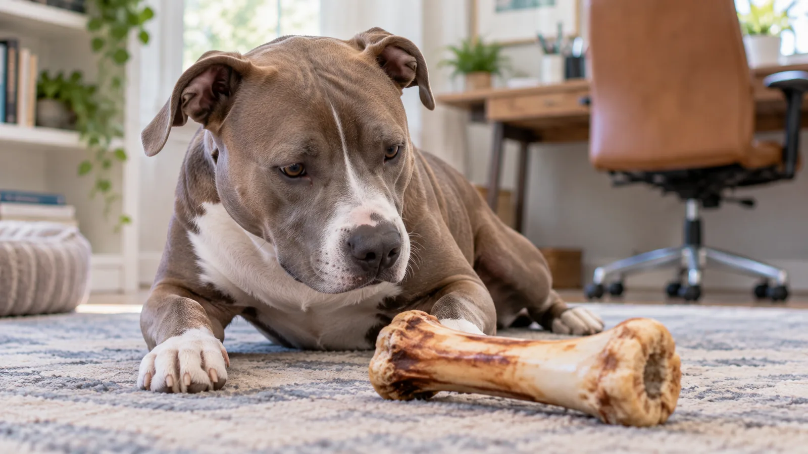 Grey and white pit bull type dog lying on a rug beside a large hard chew bone in a home office.